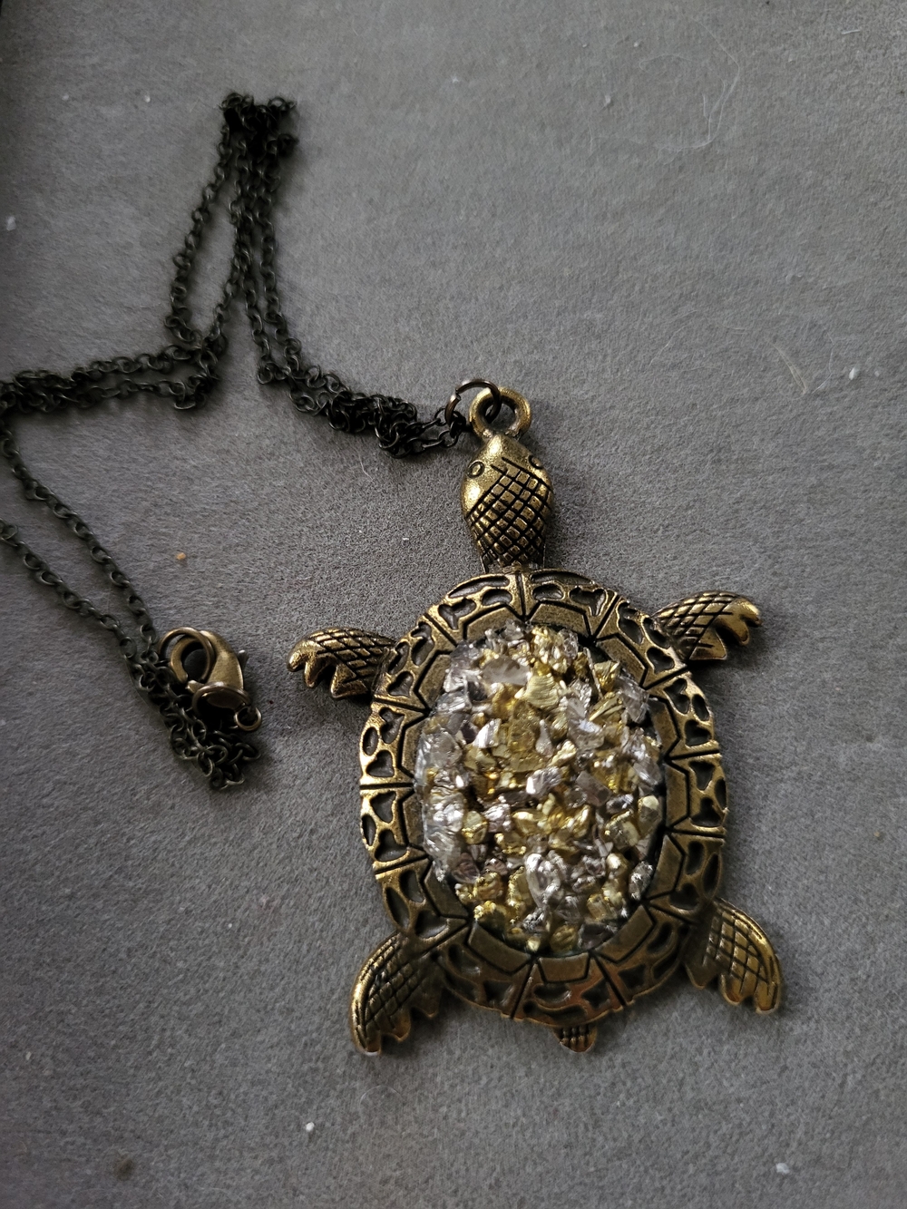Turtle Pendant Necklace with Gold and Silver Crystal Accents